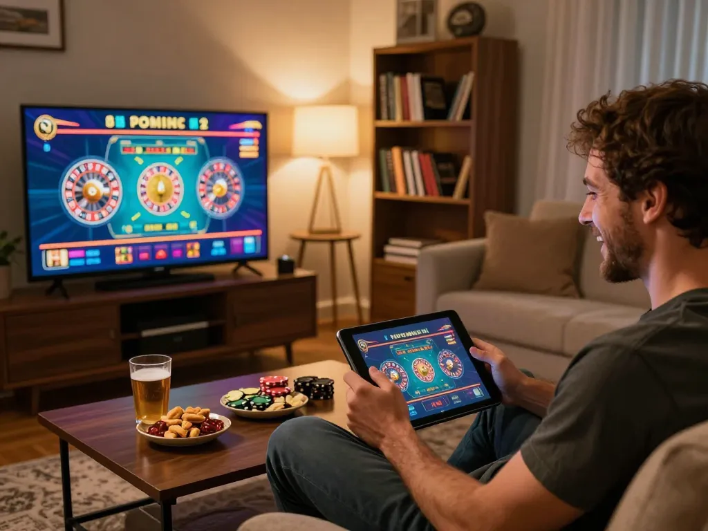 Engaged player enjoying NHÀ CÁI DA88 gaming experience on tablet in cozy home environment