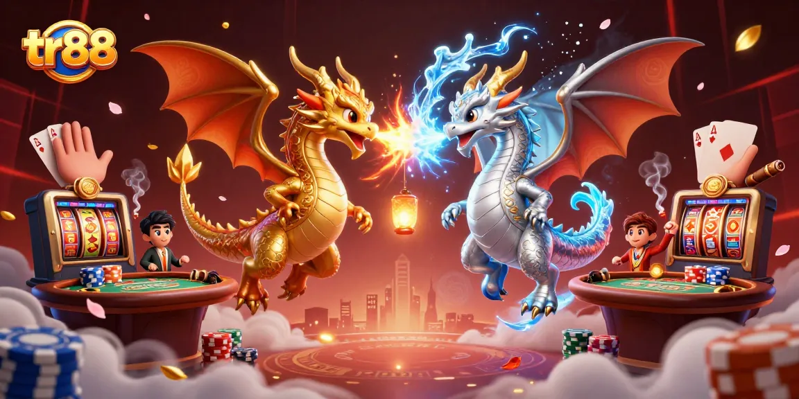 Immersive gambling scene featuring twin dragons and poker elements, highlighting tr88 games.