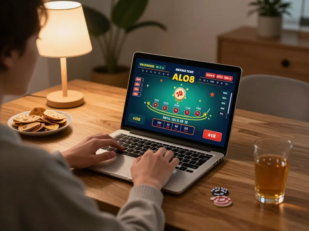 Person playing live dealer blackjack on ALO8 from home, showcasing engaging online casino experience.