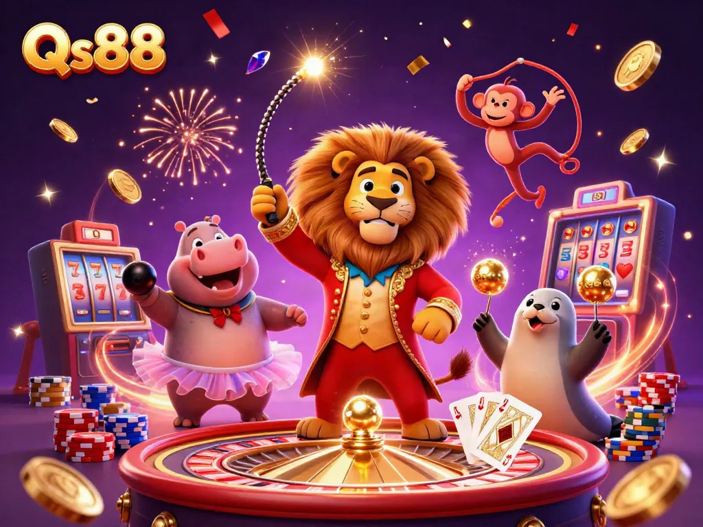 Engage with the lively casino scene of Qs88, showcasing animated characters and thrilling game elements.