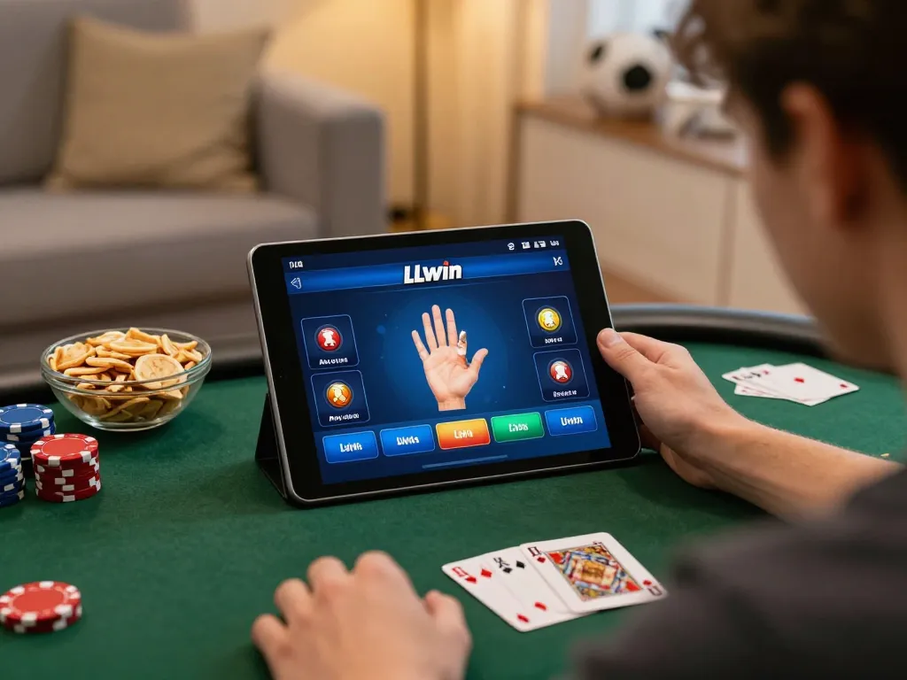 LLwin user strategizing during an online poker game on a tablet in a cozy home setting