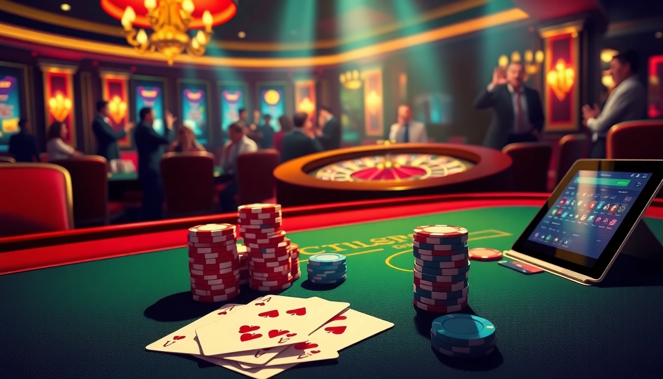 The hidden wiki inspired vibrant casino scene with poker tables, chips, and roulette wheel.