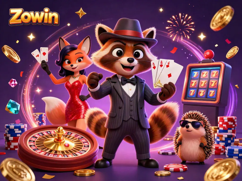 Zowin casino scene showcasing a raccoon dealer, fox companion, and hedgehog bouncer amidst exciting gaming elements.