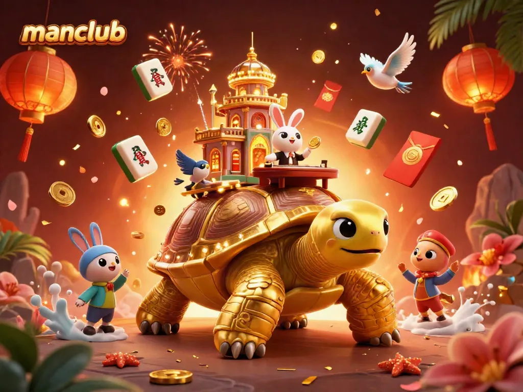 Engage in thrilling gambling at Manclub with a festive casino scene featuring a golden tortoise and vibrant elements.