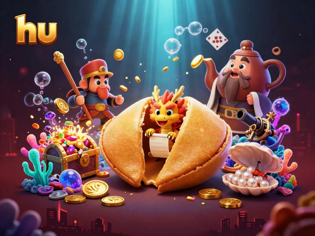 Engage with the golden fortune cookie scene at hu, featuring dynamic characters and vibrant casino elements.