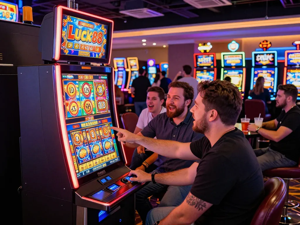 Lucky88 slot machine winning moment in a vibrant casino environment.
