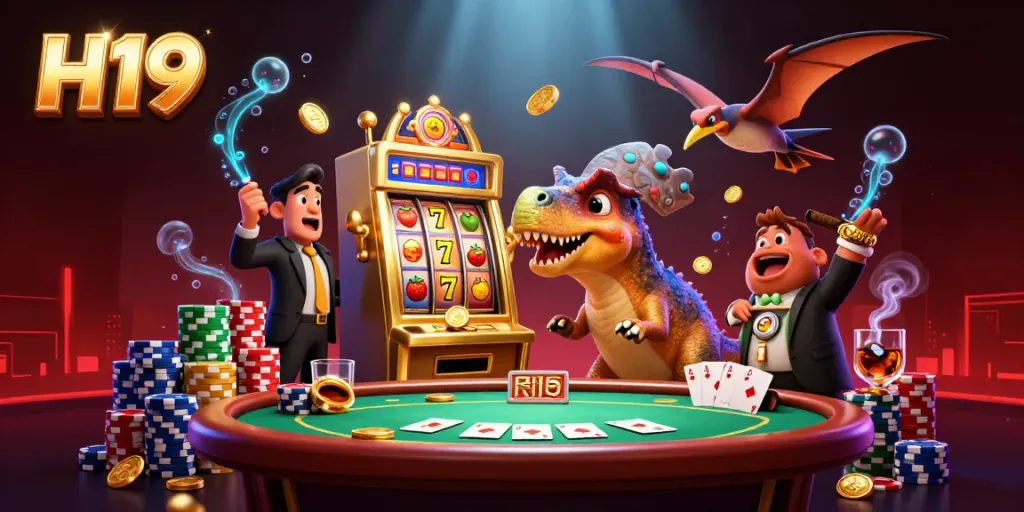 H19 slot machine scene with a dinosaur, showcasing a jackpot win with vibrant coins and gaming elements.
