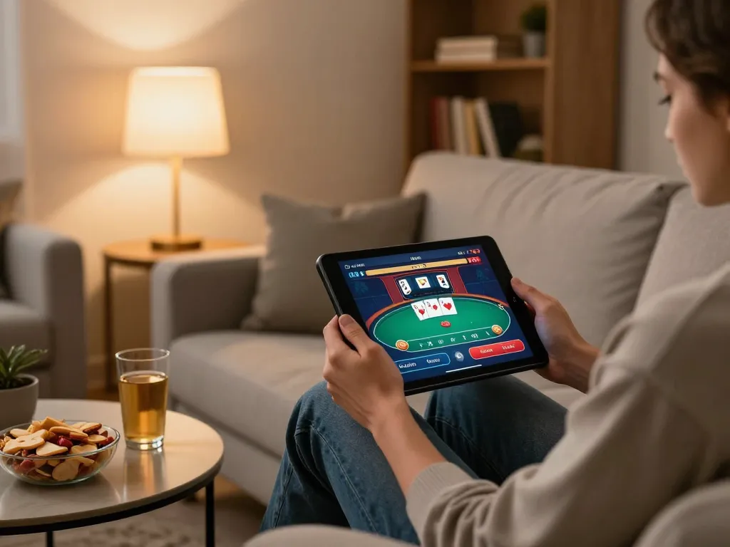 Engaging online casino experience at tại vnloto with player using tablet for poker.