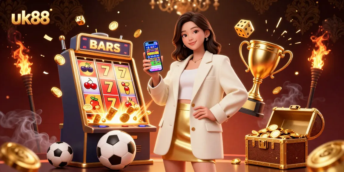 Engage with uk88's thrilling sports betting action on a smartphone within a vibrant casino scene.