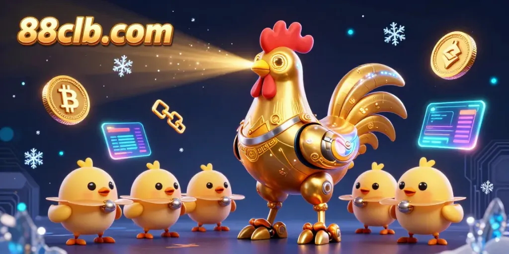 Engage in the futuristic gaming world of 88clb-com as a golden rooster robot dazzles with laser patterns amid vibrant cryptocurrency elements.