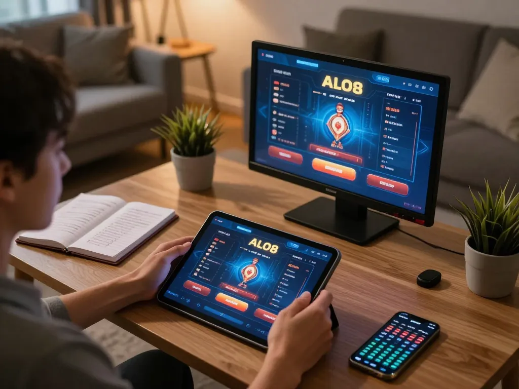 Engaging online gaming session with ALO8 interface displayed on tablet, showcasing strategic betting.