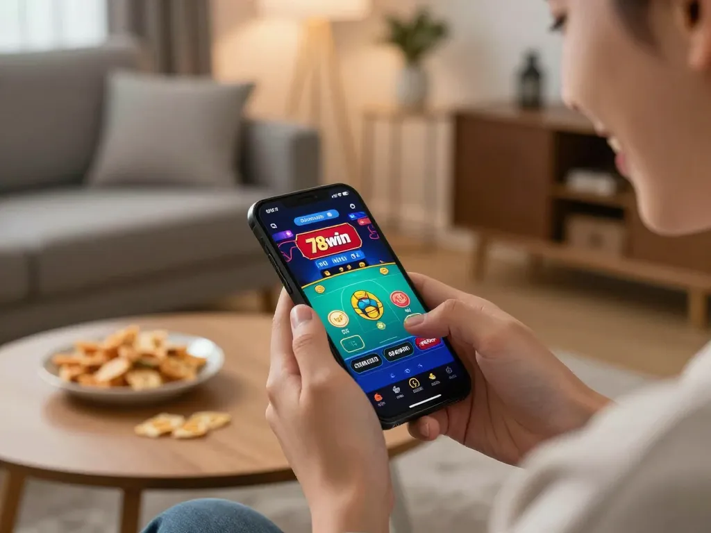 Play on the 78win app in a cozy home environment featuring a vibrant live dealer game.