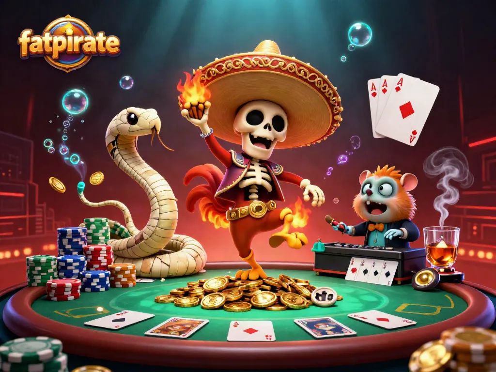 Experience fatpirate's thrilling victory dance amid poker chips and gold coins in this vibrant casino scene.