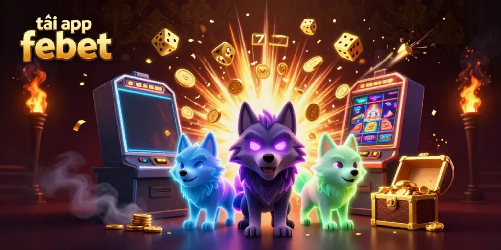 Experience the thrilling world of gambling with the interactive "tải app febet" visual featuring glowing wolf characters and dynamic casino elements.