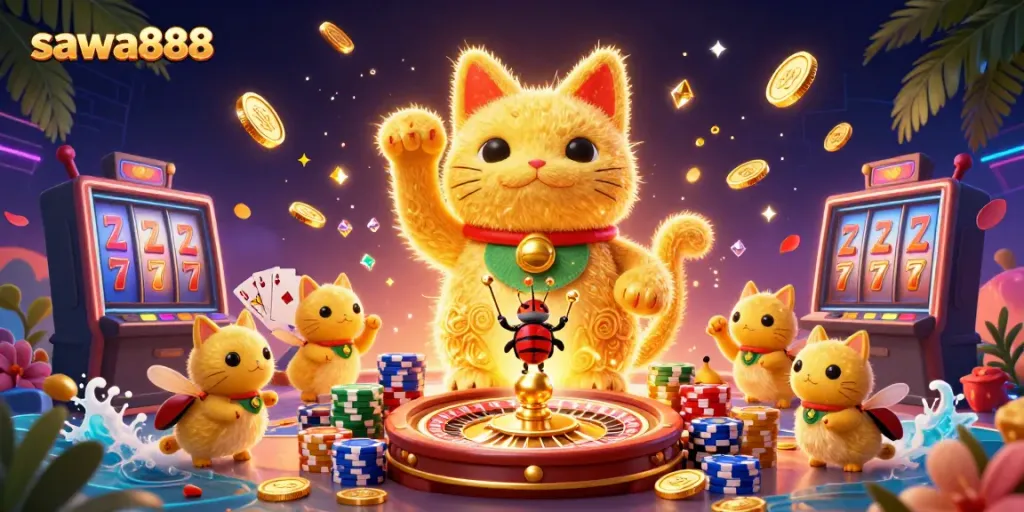 Experience the magic of sawa888 with a vibrant casino illustration showcasing golden fireflies and lucky symbols.