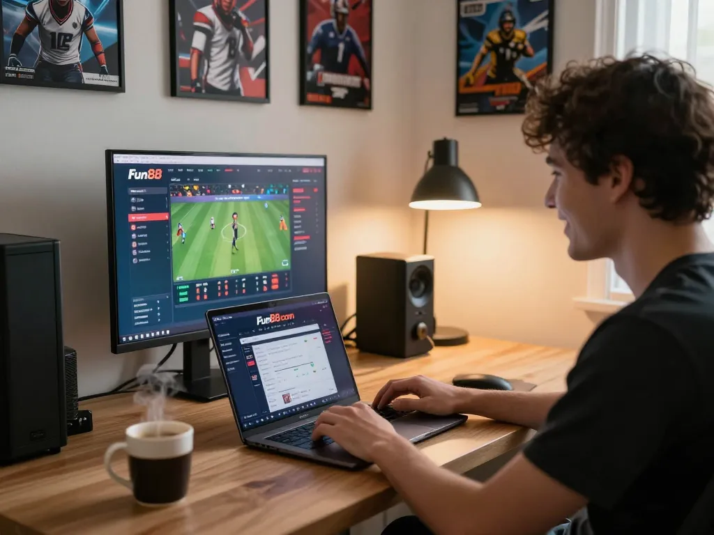 Engaging scene of a player using Fun88 com for live sports betting at home, with laptop and sports memorabilia.