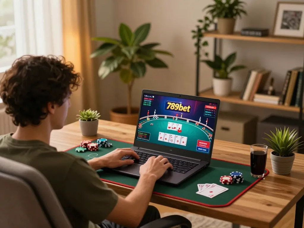Engaging online gambling experience at 789bet using laptop in a cozy home setup