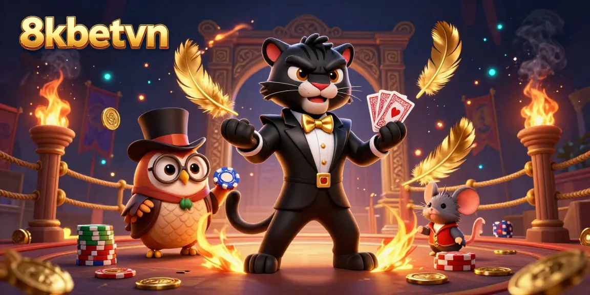 Join the excitement at 8kbetvn with a stylish panther dealing cards amidst festive casino elements.