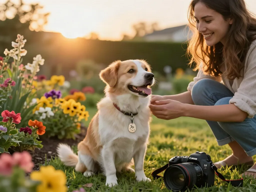 Graveren hondenpenning met naam van de hond in een kleurrijke tuin.