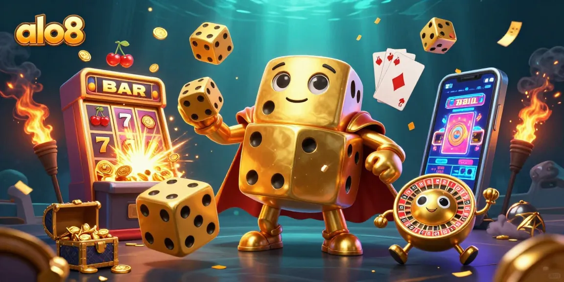 Experience thrilling action at ALO8 with a vibrant 3D casino illustration featuring golden dice and jackpots.