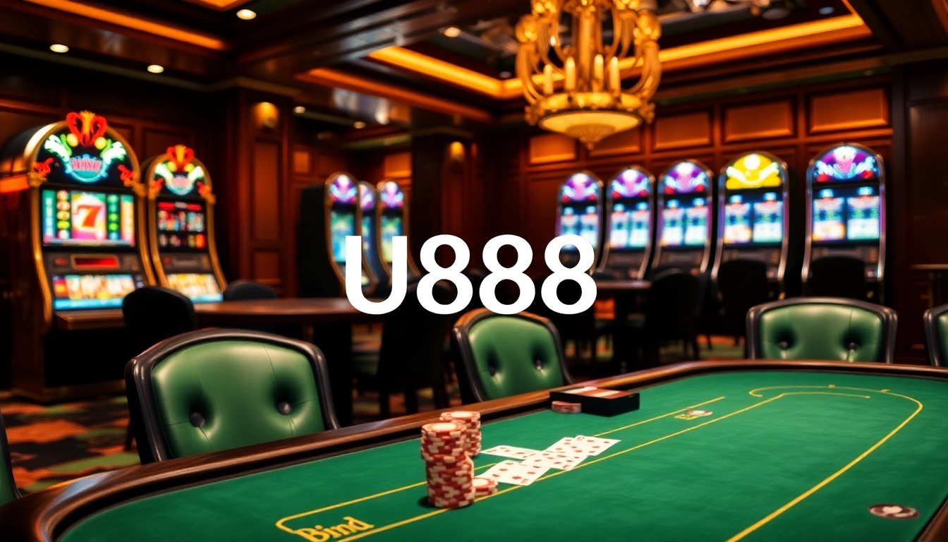 Players engaging in an exciting poker game at the U888 casino table with vibrant slot machines in the background.
