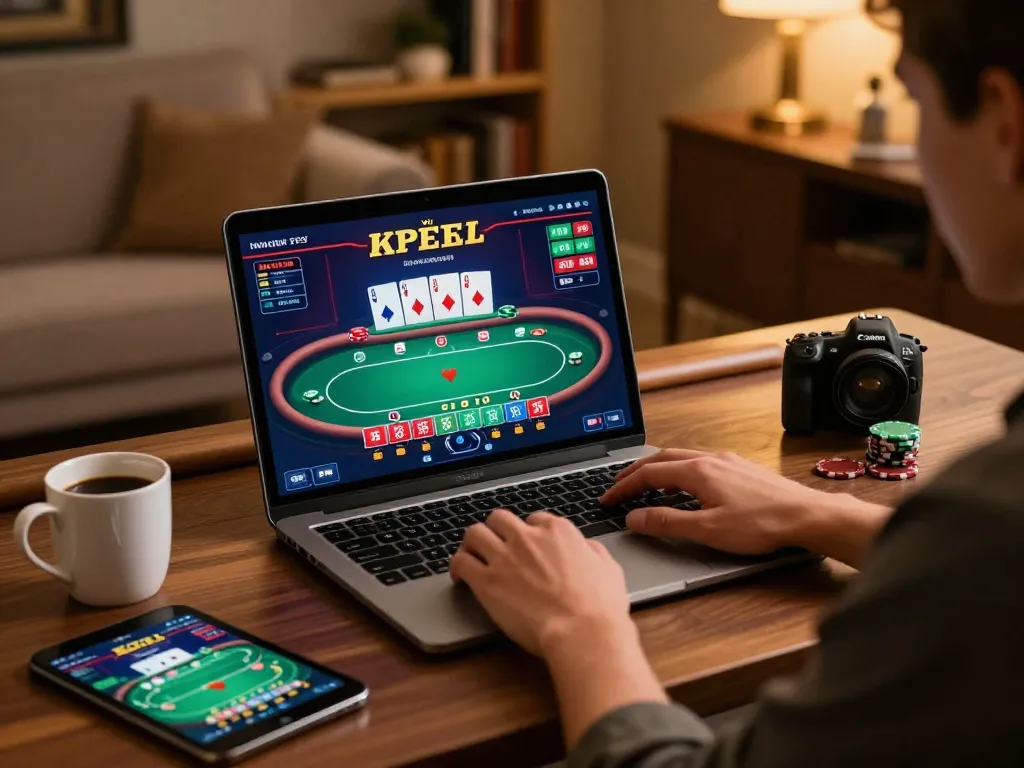 LC88 player engaging in live dealer poker from a stylish home setup, showcasing strategic gameplay.