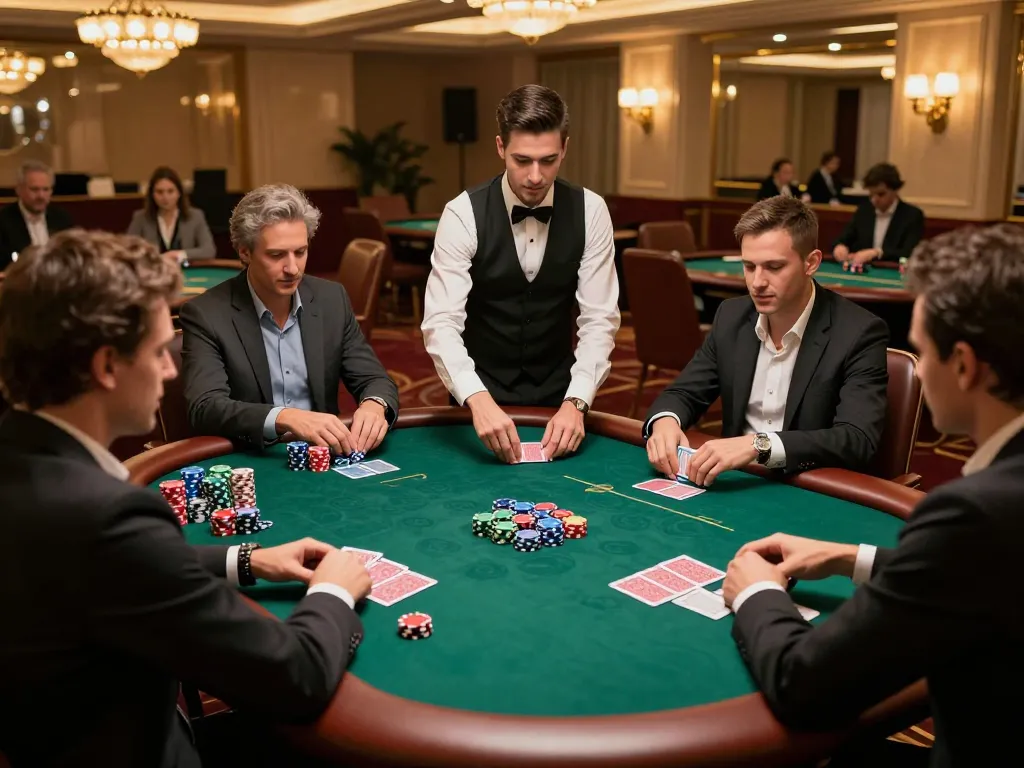 Players enjoying a poker game at nhà cái alo8 in an elegant atmosphere, chips and cards on display