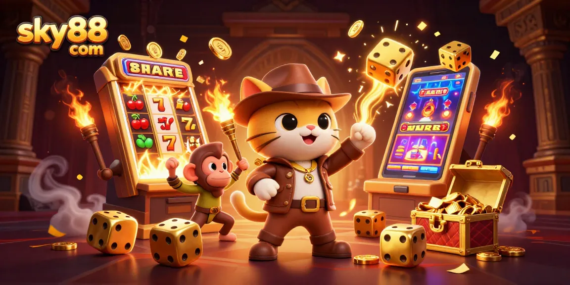 Spin big with sky88 com in this vibrant 3D casino scene featuring a treasure hunt and jackpot!