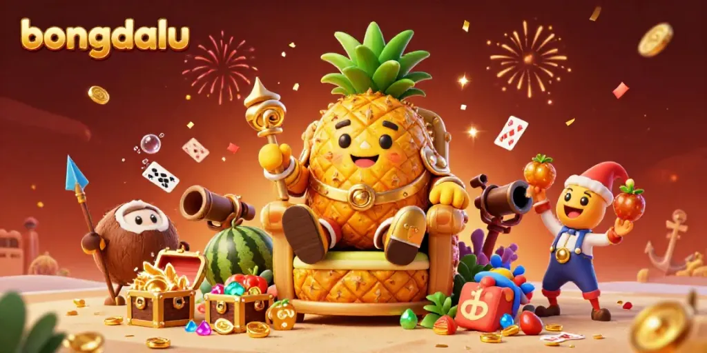 Bongdalu showcases a lively beach casino scene with a golden pineapple king, cannon, and treasures for thrilling gameplay.