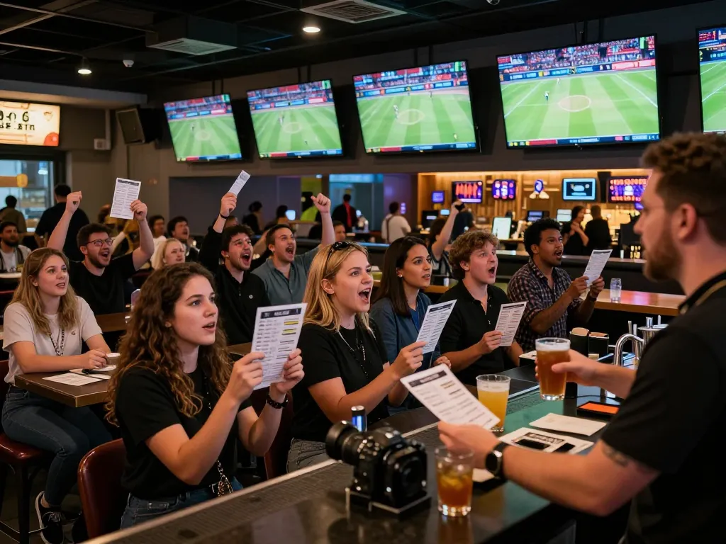 Engaged fans placing bets on keonhacai5 at a bustling sports bar, vibrant atmosphere.