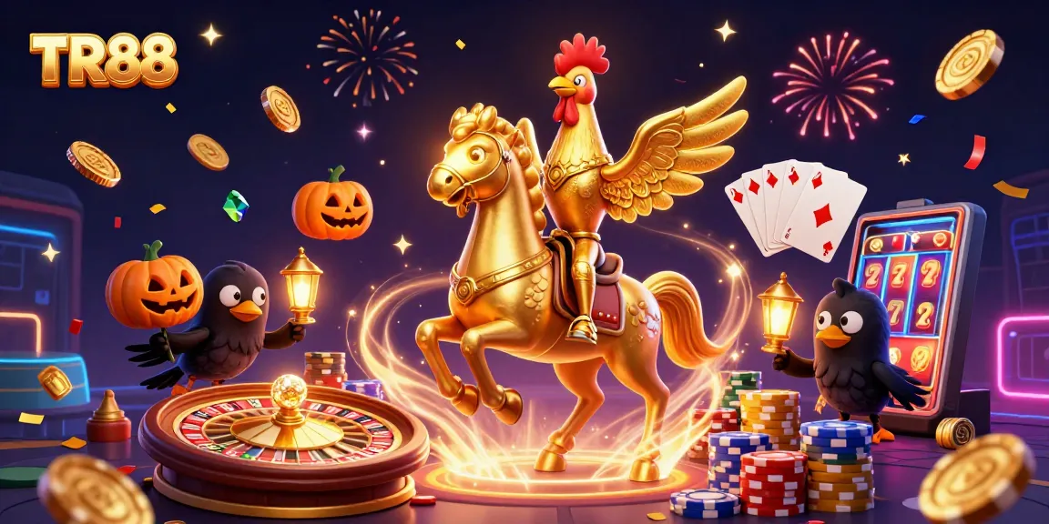 TR88 displays vibrant casino excitement with a golden rooster and crow companions amid dynamic game elements.