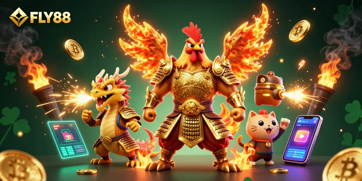 Immerse in the thrilling world of FLY88 with fierce warriors and glowing crypto elements.