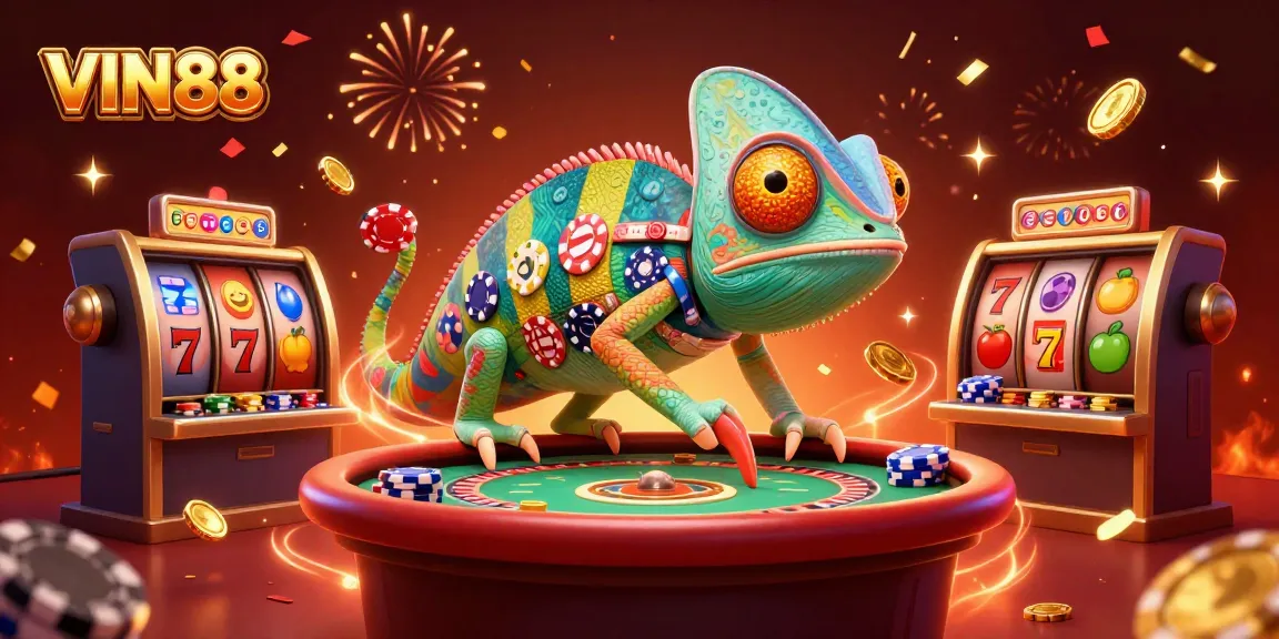 Win big at VIN88 with a vibrant casino scene filled with colorful slots and a playful chameleon host!