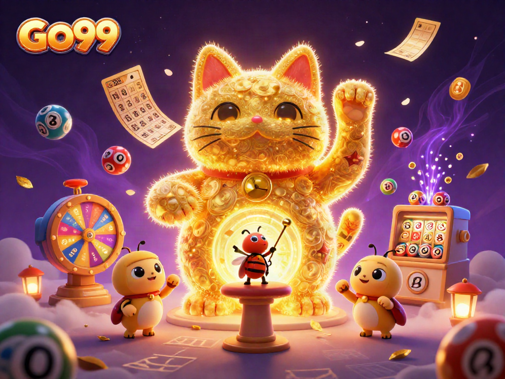 Engage with GO99 as golden fireflies and a lucky cat create a vibrant casino scene of games and prizes.