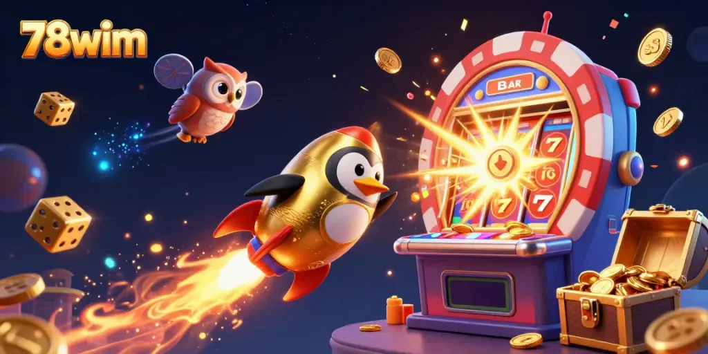 Spin and win with 78wim's vibrant casino-themed scene featuring a golden penguin and a jackpot explosion.
