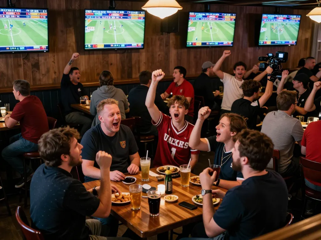 TẢI KU88 for an exciting sports betting experience at a lively venue, fans celebrating wins.