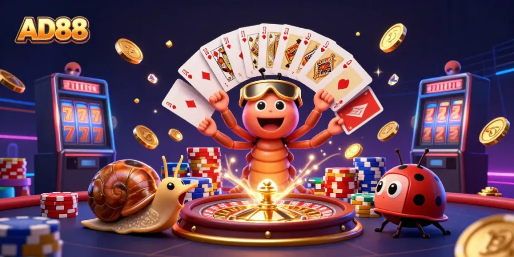 Experience the thrill of AD88 with a vibrant 3D illustration of a dealer and high-roller in a lively casino scene.