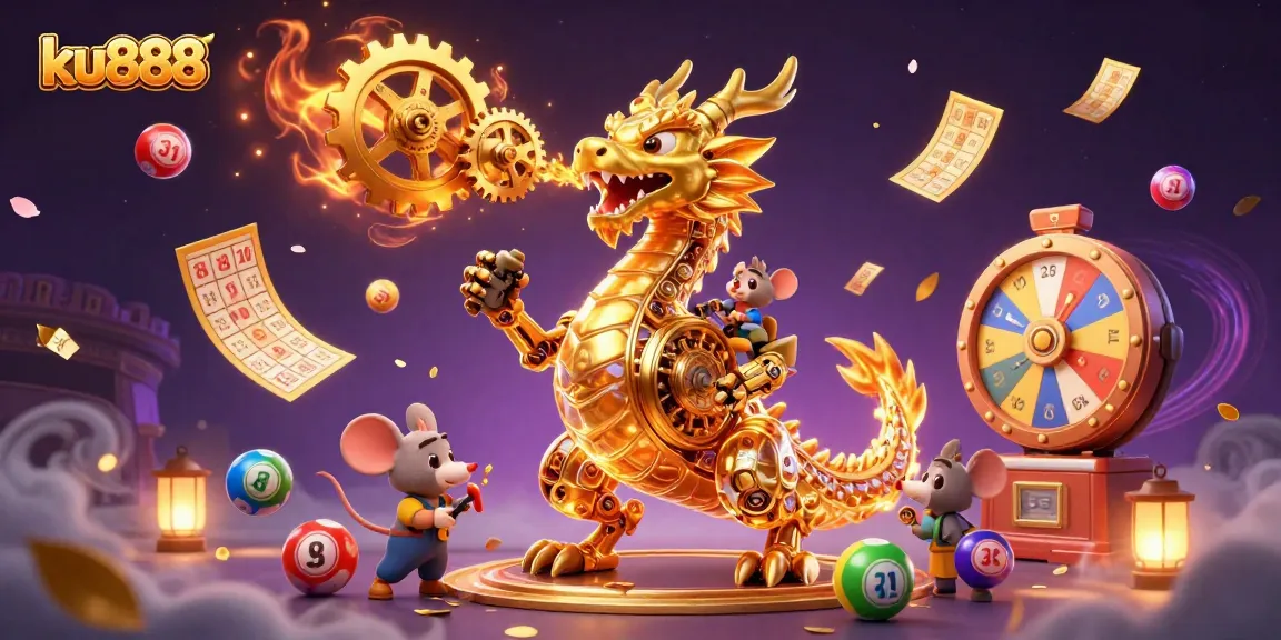Engage with ku888's thrilling lottery games through this vibrant 3D illustration showcasing a golden dragon and dynamic gaming elements.