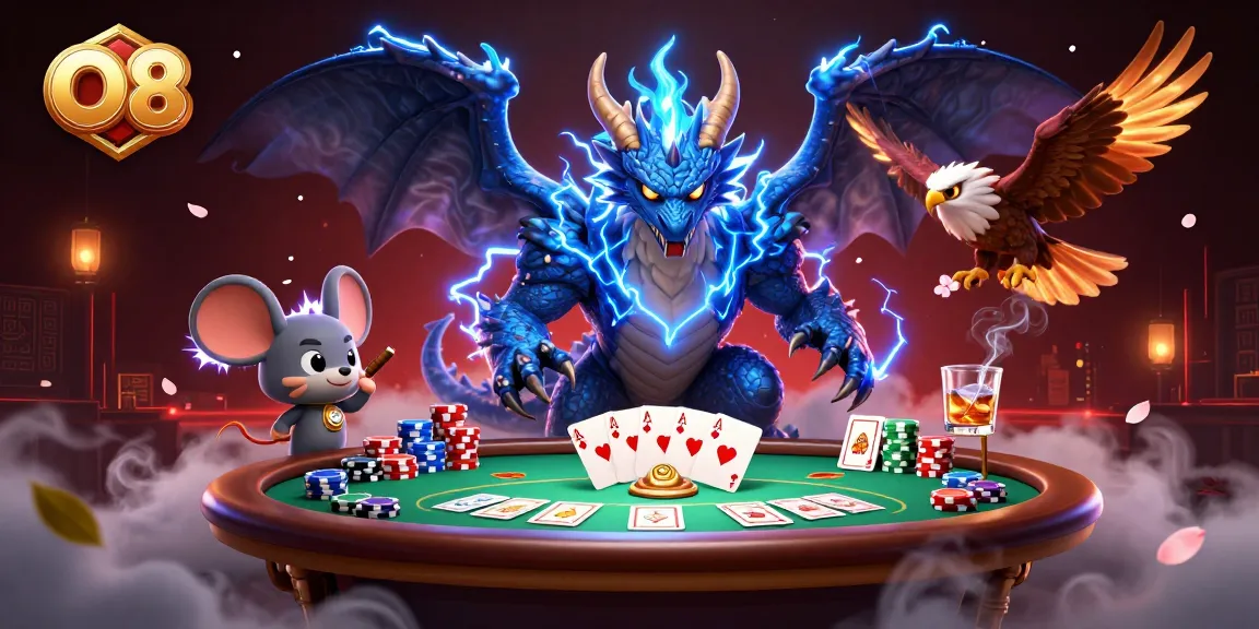 O8 showcases thrilling poker action with a thunder dragon, enhancing your gaming experience.