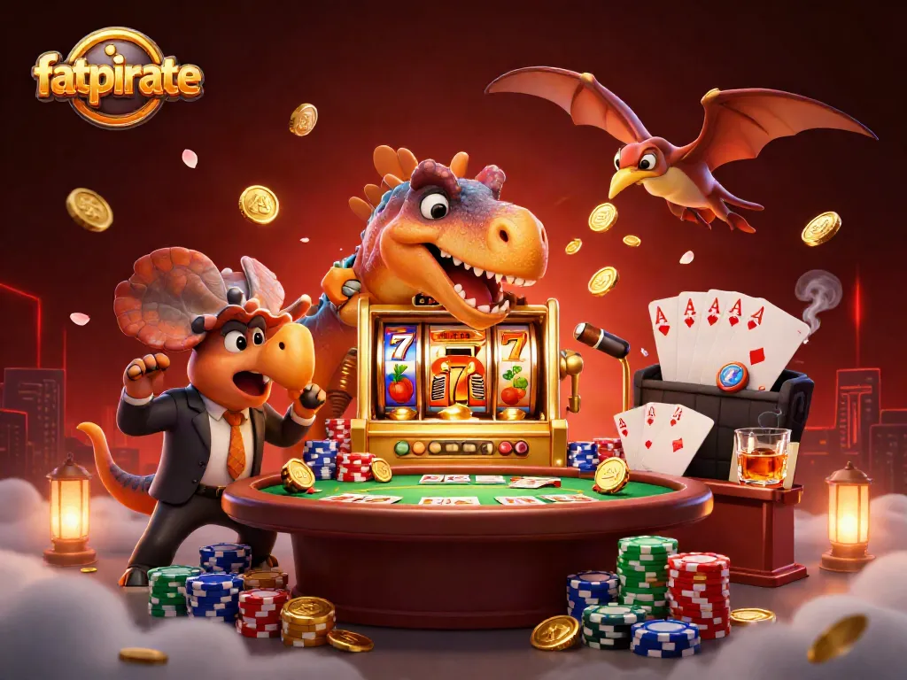 Spin the reels with fatpirate as playful dinosaurs boost a jackpot of golden coins in a vibrant casino scene.