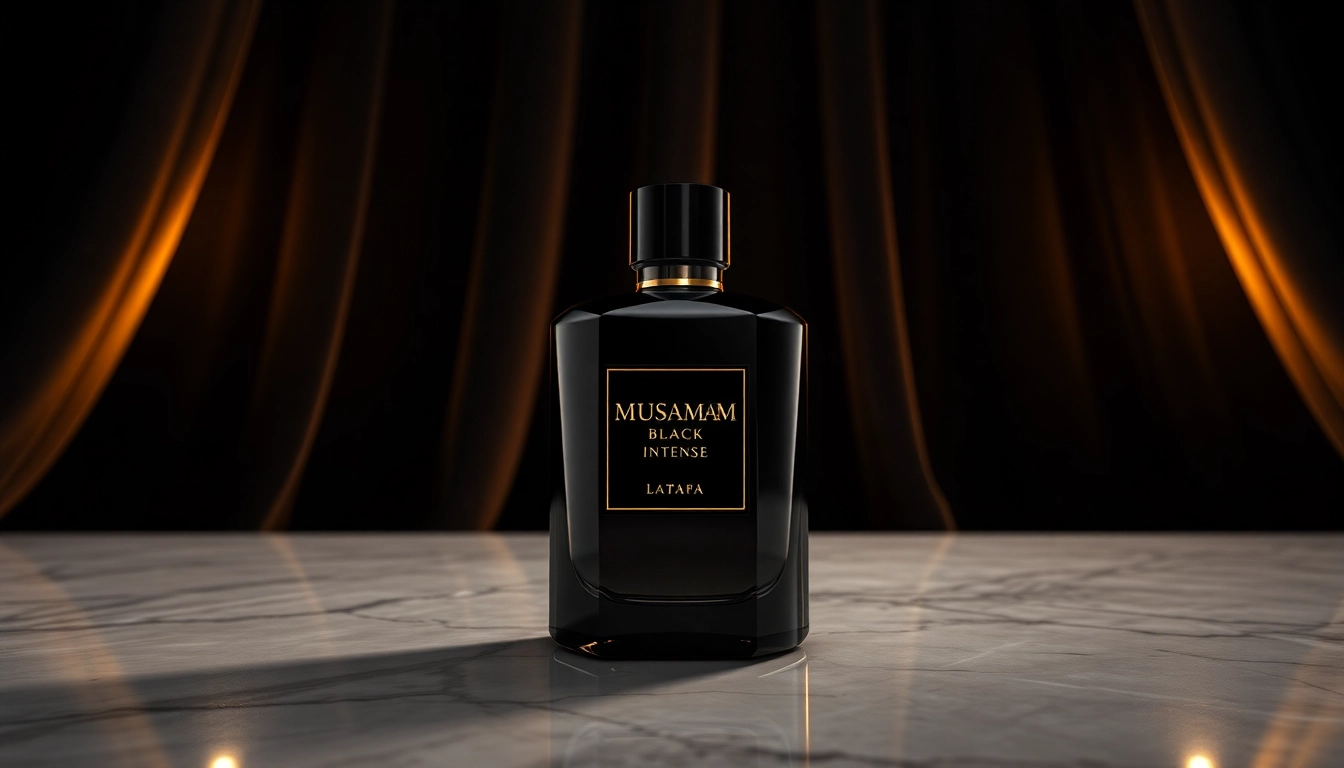 Experience the elegance of Musamam Black Intense by Lattafa in this striking bottle display.