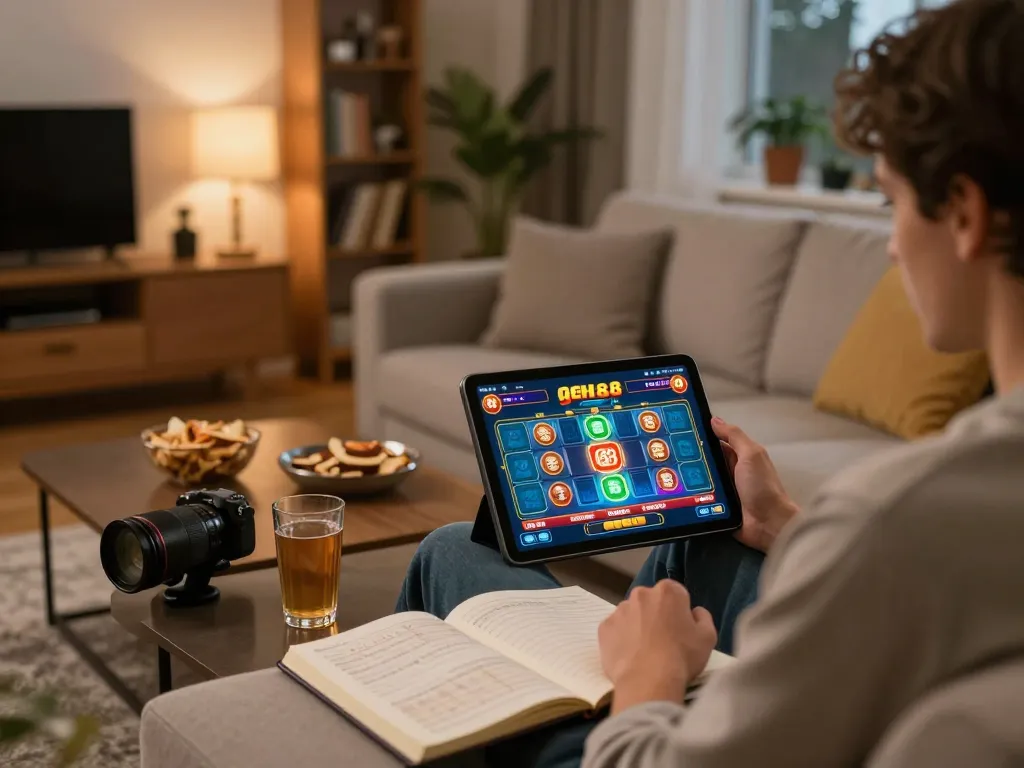 Engaging in go 88 online casino gaming on tablet in a cozy living room atmosphere
