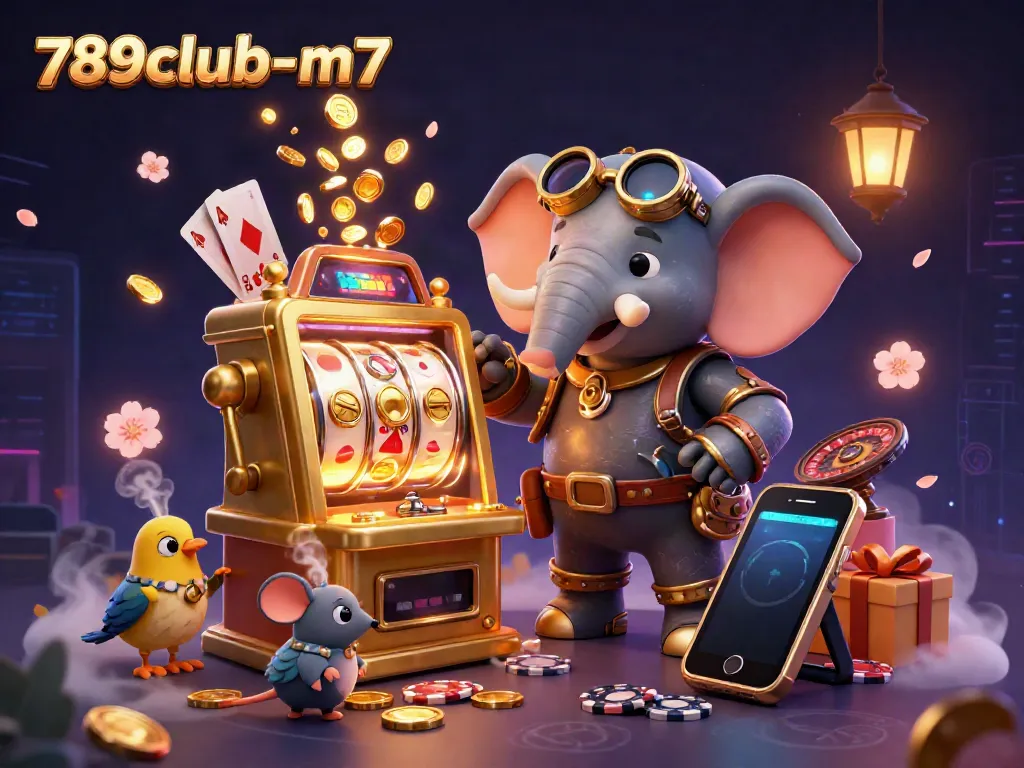 Engage with 789club-m7 in a vibrant 3D casino scene featuring a steampunk elephant and exciting gaming elements.