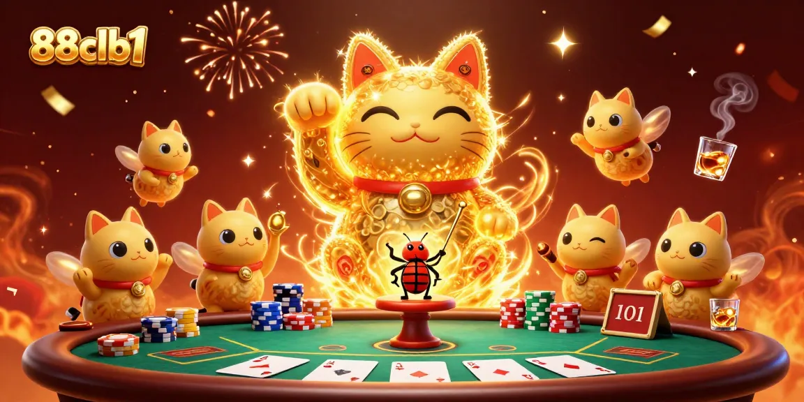 Engage with 88clb1's dynamic gaming atmosphere featuring a lucky cat and poker elements.