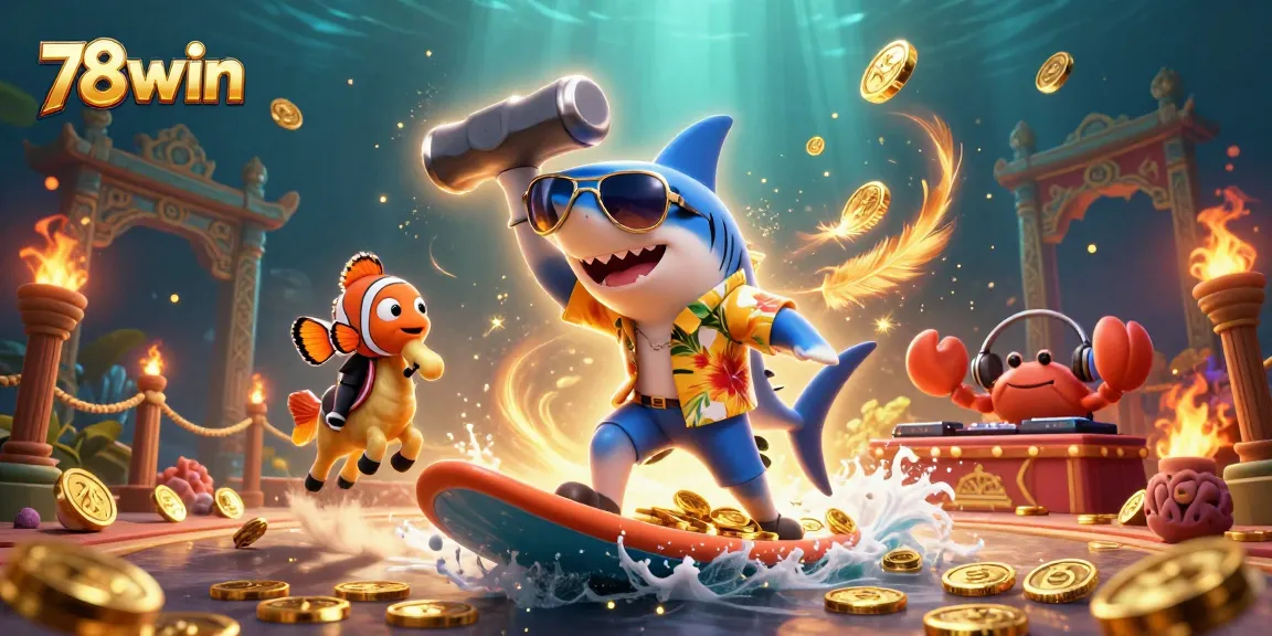 Engage with 78win's thrilling scene of action, featuring a shark, clownfish, and crab in an exciting underwater casino environment.