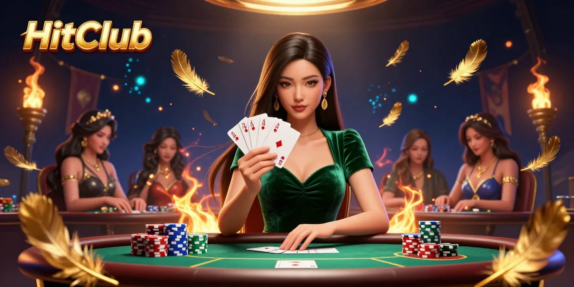 Experience high-stakes gambling at HitClub with a poised Asian woman at a luxurious poker table.