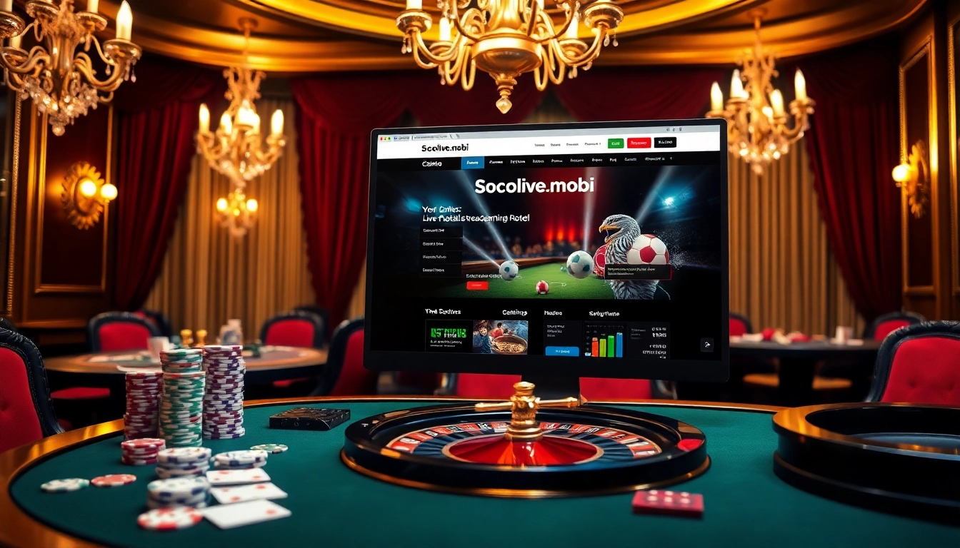 Experience live football streaming on socolive.mobi in a luxurious casino setting with poker chips and roulette.