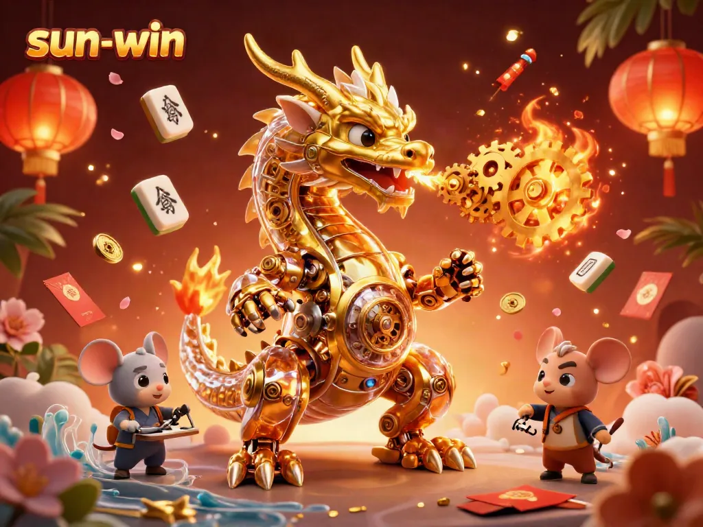 Engage in thrilling gameplay at sun-win with the dynamic scene featuring a golden dragon and festive gambling symbols.