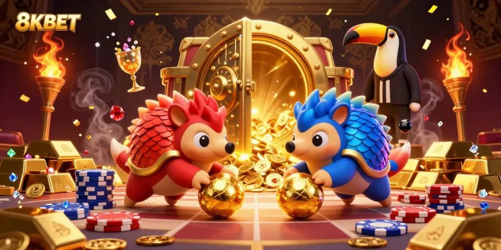 Experience thrilling gameplay at 8KBET with rival pangolins in an exciting casino setting packed with gold and gems.