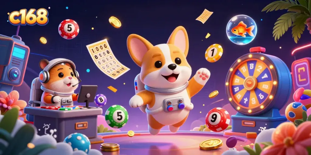 Experience the thrill of c168 with vibrant gaming elements and cosmic characters in this dynamic casino scene.